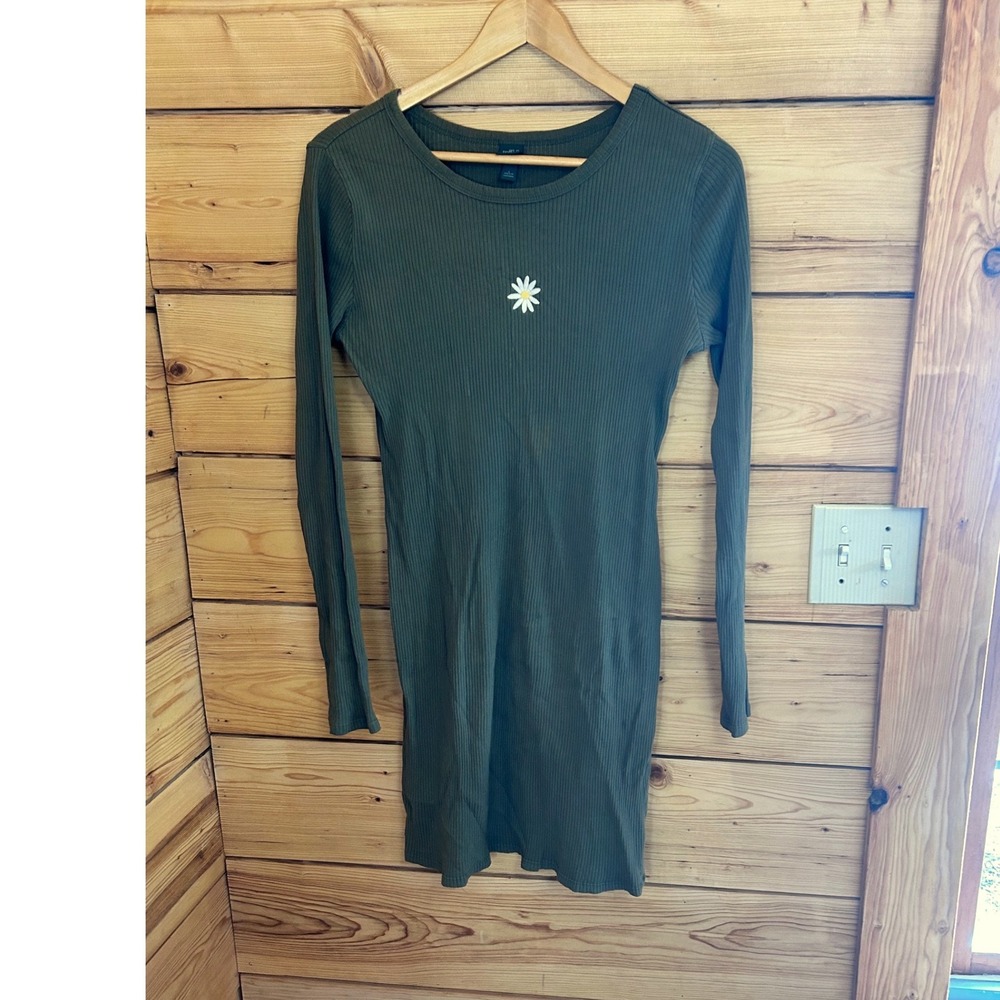 Wild Fable Olive Green Ribbed Long Sleeve Daisy Mini Dress Large